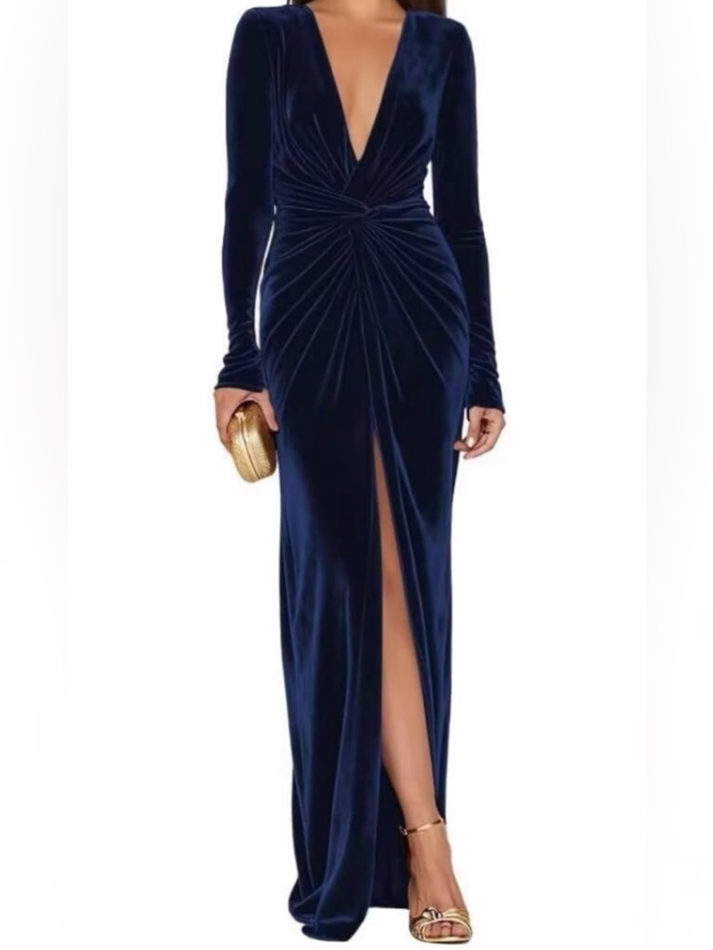NWOT Navy Velvet Long Sleeve Twist-Gather Evening formal Gown with slit